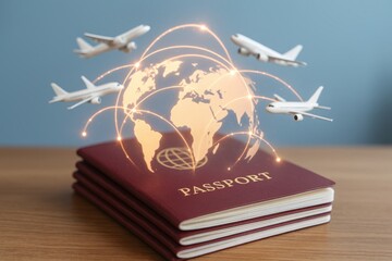Global Travel Network: Representing the concept of global travel and exploration, a passport rests at the center, symbolizing the means to travel the world.
