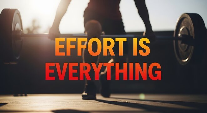 A motivational quote displayed on a gym floor with a person lifting weights in the background emphasizing effort and determination