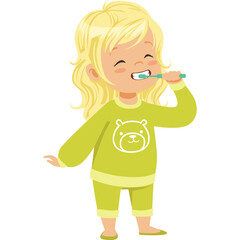 Happy Blond Little Girl Brushing Teeth With Toothbrush Wearing Green Pajamas With Bear Print Isolated On Transparent Background