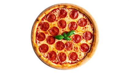 Delicious Pepperoni Pizza with Fresh Basil on White Background.