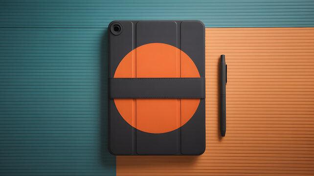 Tablet case with orange circle design and stylus on colorful background