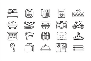 Minimal line art icons showing bed, towels, and room service for hotel branding