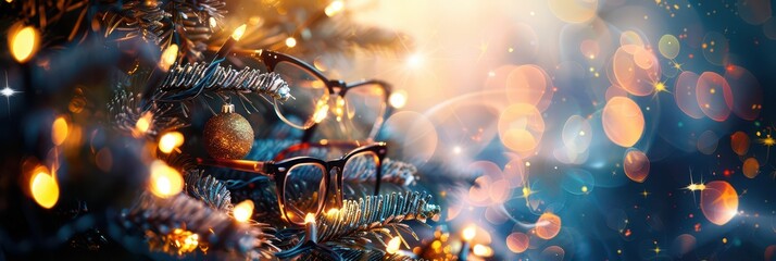 Festive holiday cheer with christmas tree lights and decorations. Christmas tree decorated with glasses. Horizontal banner. Copy space. For an optician, eyeglass store, ophthalmology clinic