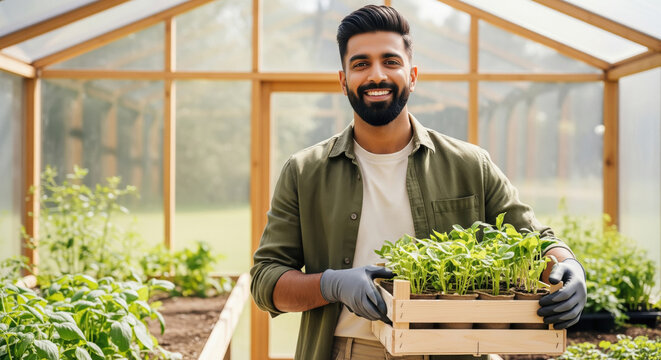 Smiling Man Proudly Presents Fresh Young Plants in Greenhouse