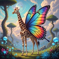 A fantastical scene featuring a giraffe with vibrant, rainbow-colored butterfly wings standing in a lush, magical forest under a glowing moon and colorful sky