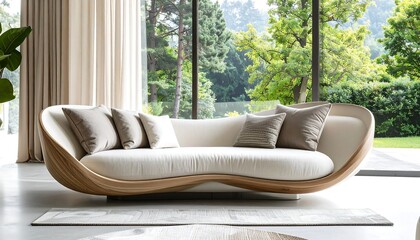 Modern Curved Sofa in Bright Living Room with Garden View.