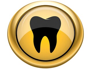 Glossy dental icon, tooth shape in circle with gold border
