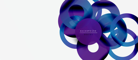 Abstract design features overlapping circles, vibrant blues, purples. Modern aesthetic, clean lines, minimalist composition. Background element for projects.
