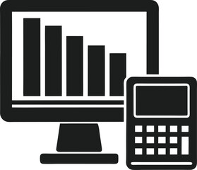 Data analysis bar chart on computer screen next to calculator silhouette