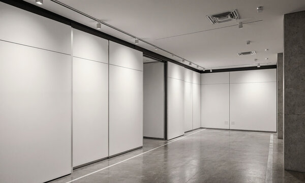 Art Gallery Flexibility Moveable white walls on tracks creating modular exhibition space, museum-quality lighting on empty walls, polished concrete