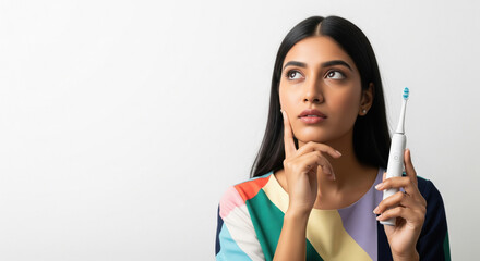 Thoughtful Indian Woman Pondering Dental Care with Electric Toothbrush
