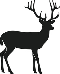 Black silhouette of a stag deer with large antlers standing profile view on white background