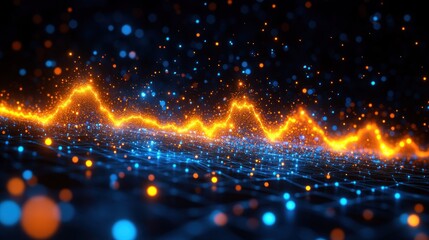 Abstract digital graphic with dynamic orange/yellow lines over a blue/dark background, dotted with glowing particles