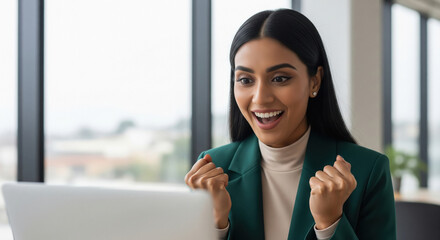 Joyful Indian Businesswoman Celebrates Success Working On Her Laptop