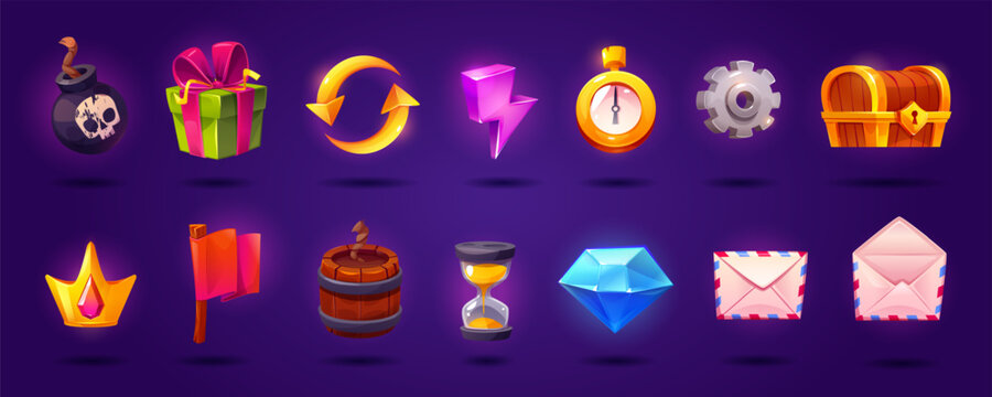 Cartoon vector ui game slot icon set with crown