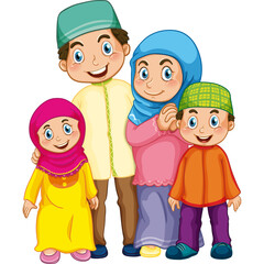 Happy Muslim Family Poses Together Smiling Father Mother Daughter and Son Dressed in Traditional Islamic Clothing with Colorful Headscarves and Caps Vibrant Colors White Background Transparent