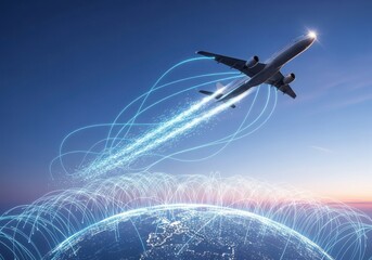 Airplane flying over a digital globe with glowing trails, symbolizing global connectivity and modern air travel technology