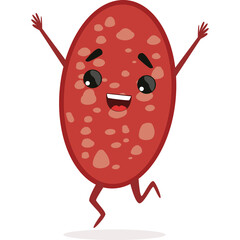 Happy Salami Character Dancing with Joy and Arms Raised Against a White Background