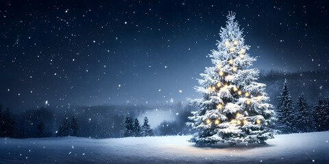 Snow-covered Christmas tree on dark blue.