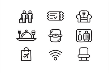 Clean airline vector icons for passenger experience and hospitality branding
