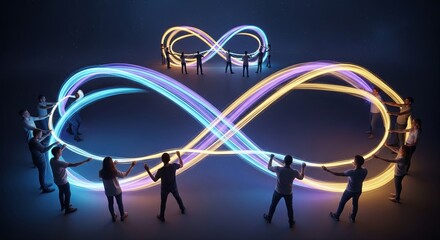 A team of people working together in a circle to create a large, glowing infinity symbol with colorful light trails.