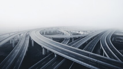 Complex Highway Interchange Design in Fog, Aerial View of Highway Interchange Bridge, Misty Morning Urban Highway Interchange Road Structure. © สุมนา ชุ่มชื่น