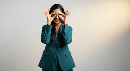Young Indian Businesswoman Making Playful Glasses Gesture, Smiling Happily