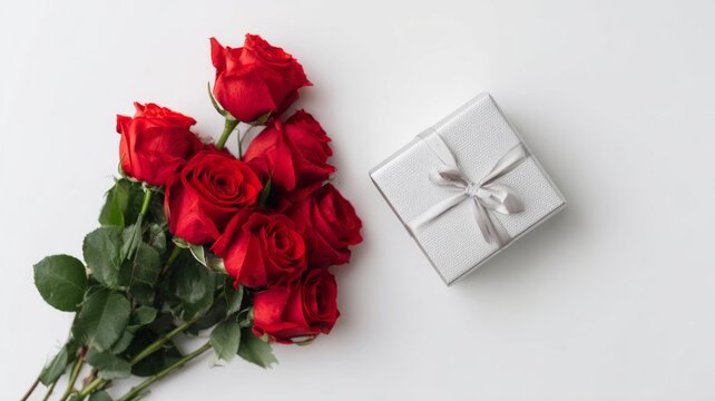 Red, white, and pink roses surrounding a small pink gift box with red ribbon on white background for valentine's day celebration and romantic love concept