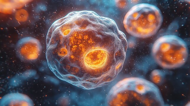Abstract, glowing cells in space