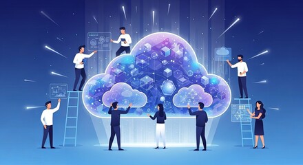 A diverse team of professionals collaborating on a futuristic cloud computing network illustration.