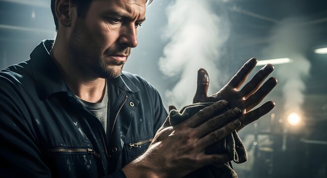 A man in a dark jacket is warming his hands with visible breath in a cold environment, suggesting chilly weather or winter conditions outdoors or in a cold indoor space