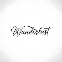 The word 'Wanderlust' written in elegant script with a clock and compass integrated into the design on a plain white background