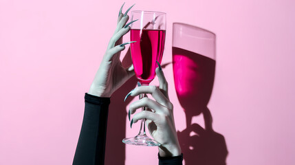  a glass of red wine in the hands of a vampire, AI generated