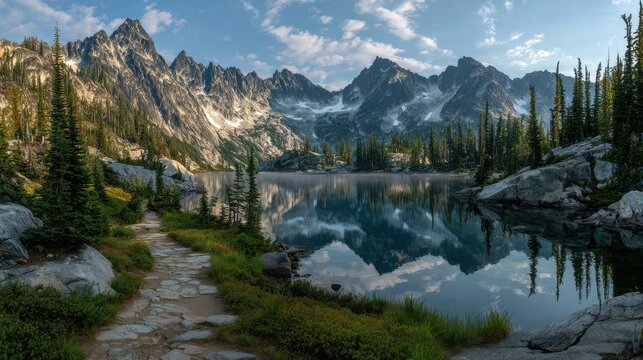 Pristine alpine mountain landscape with snow-capped peaks and a reflective lake at dawn