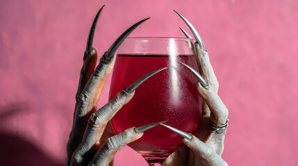  a glass of red wine in the hands of a vampire, AI generated