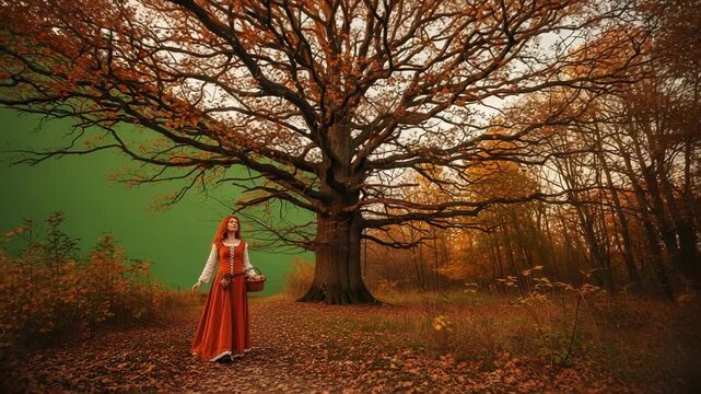 Woman in orange dress walks under a large oak tree in autumn