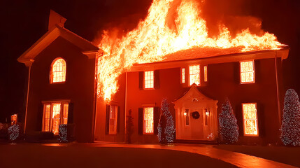 mansion on fire at night, AI generated