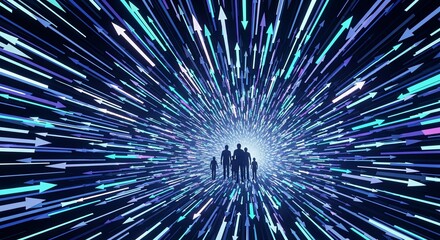 Fototapeta premium Silhouettes of a group of people standing inside a futuristic data tunnel with glowing arrows moving forward.