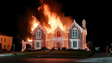 mansion on fire at night, AI generated