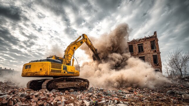 yellow excavator demolishing an old brick building creating a large dust cloud and scattering debris in a demolition site