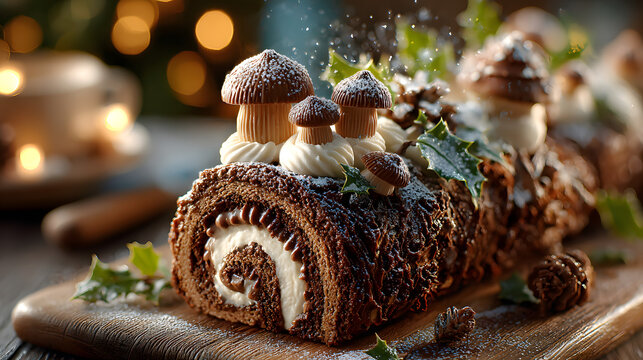 christmas log, traditional christmas cake, buche de noel, chocolate, pastry, decorated with christmas themed elements, family meal and tradition, light and christmas tree in the background