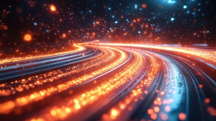 Abstract swirling light trails, dark background, glowing particles