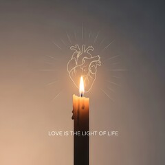A lit candle with a glowing flame, overlaid with a line drawing of a human heart and the phrase 'Love is the light of life' in white text, symbolizing warmth and emotional connection