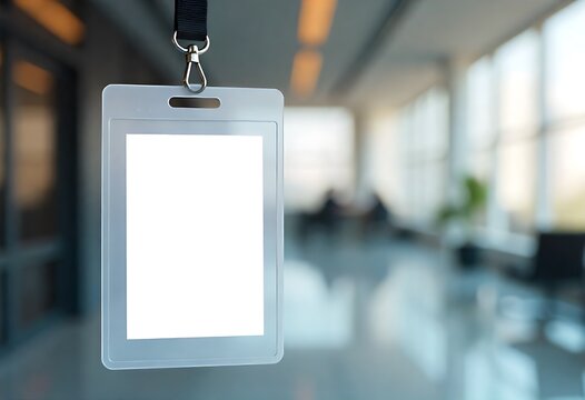 Blank plastic ID badge with lanyard for employee or visitor identification. Ideal mockup for business events, trade shows, corporate branding, access control, and professional presentations.