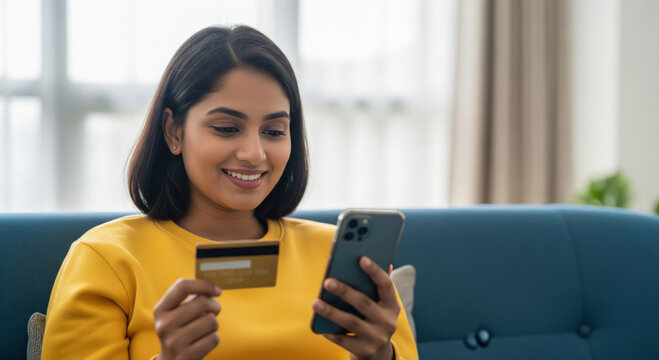 young Indian woman sits indoors,holding a gold credit card and smartphone - Powered by Adobe