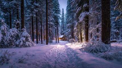 Quiet pine forest in winter twilight, snow-dusted trees and serene atmosphere