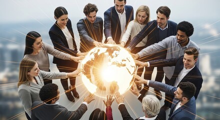 A diverse group of business professionals join hands on a glowing globe, symbolizing global teamwork and unity.