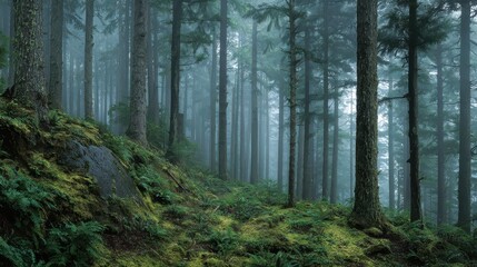 Fototapeta premium Quiet woodland wrapped in morning fog with distant trunks