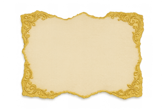 Ornate gold scroll paper frame with antique vintage border creating a decorative blank parchment background