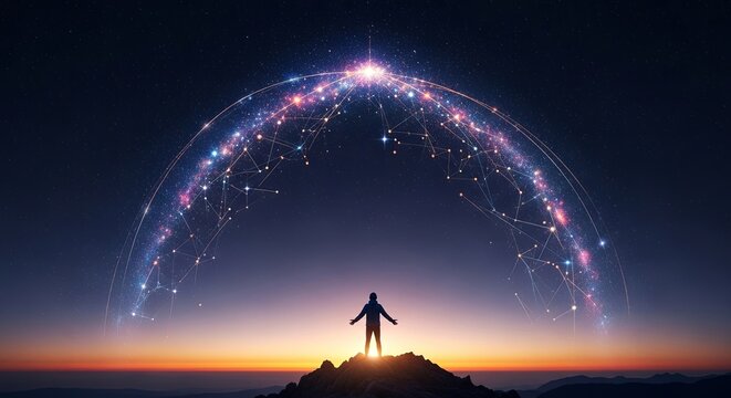A lone figure stands on a mountaintop beneath a vast, glowing dome of interconnected stars and data points.